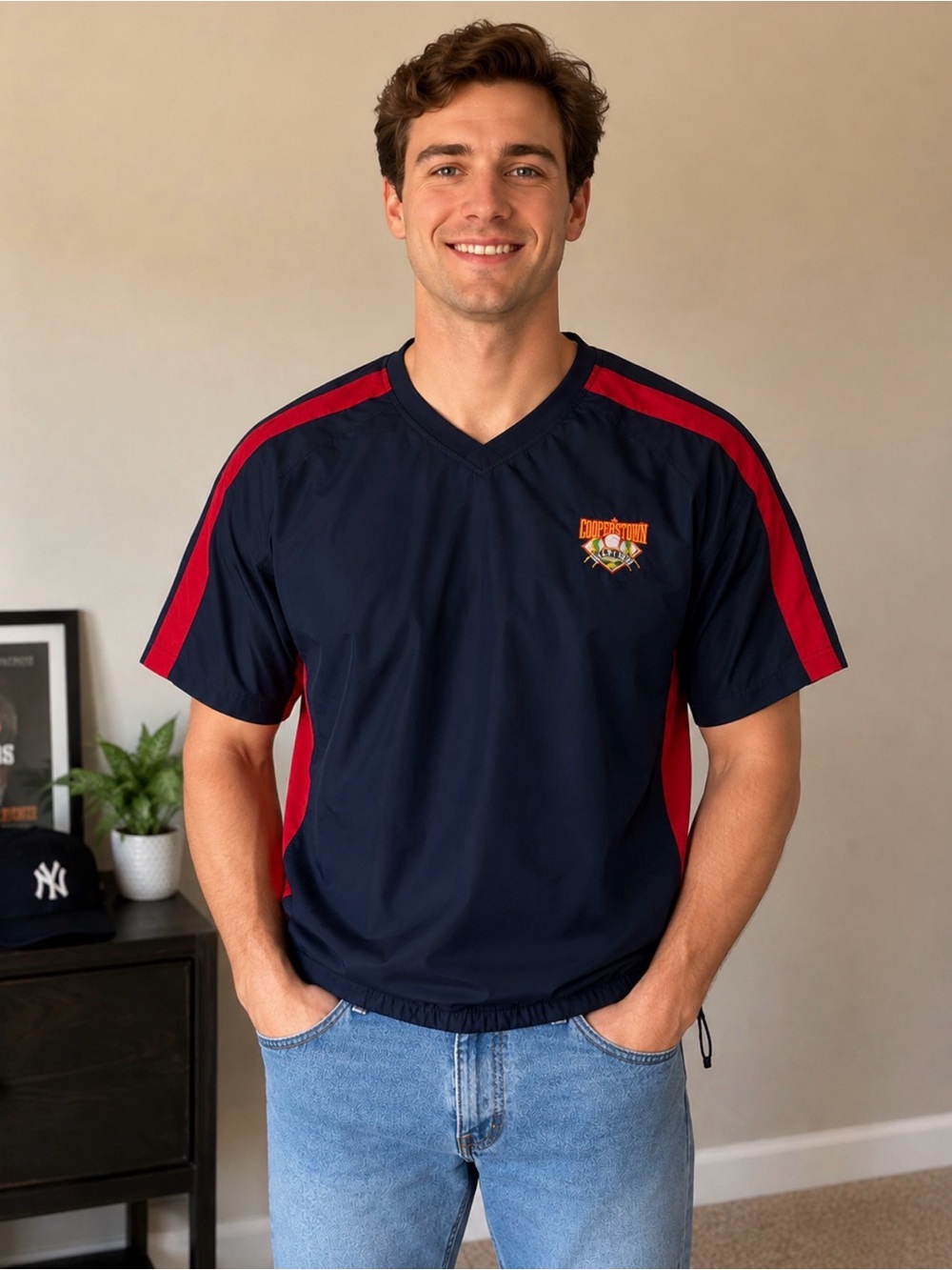 Men's Lightweight Navy and Red Pullover Jacket -cooperstown like new medium